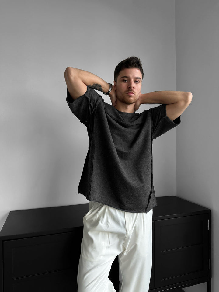 T-shirt Oversize z Detalami Szwów - Antracytowy