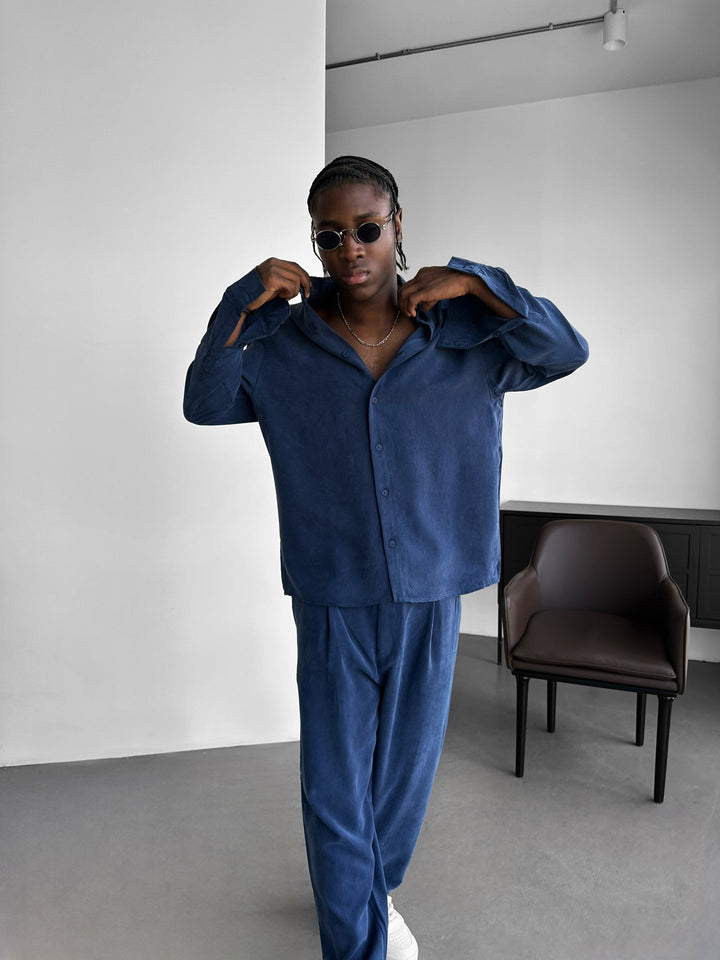 Oversize Koszula Tencel - Granatowa