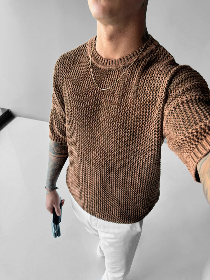 T-shirt Regular Fit z dzianiny w kratkę - Okrągły