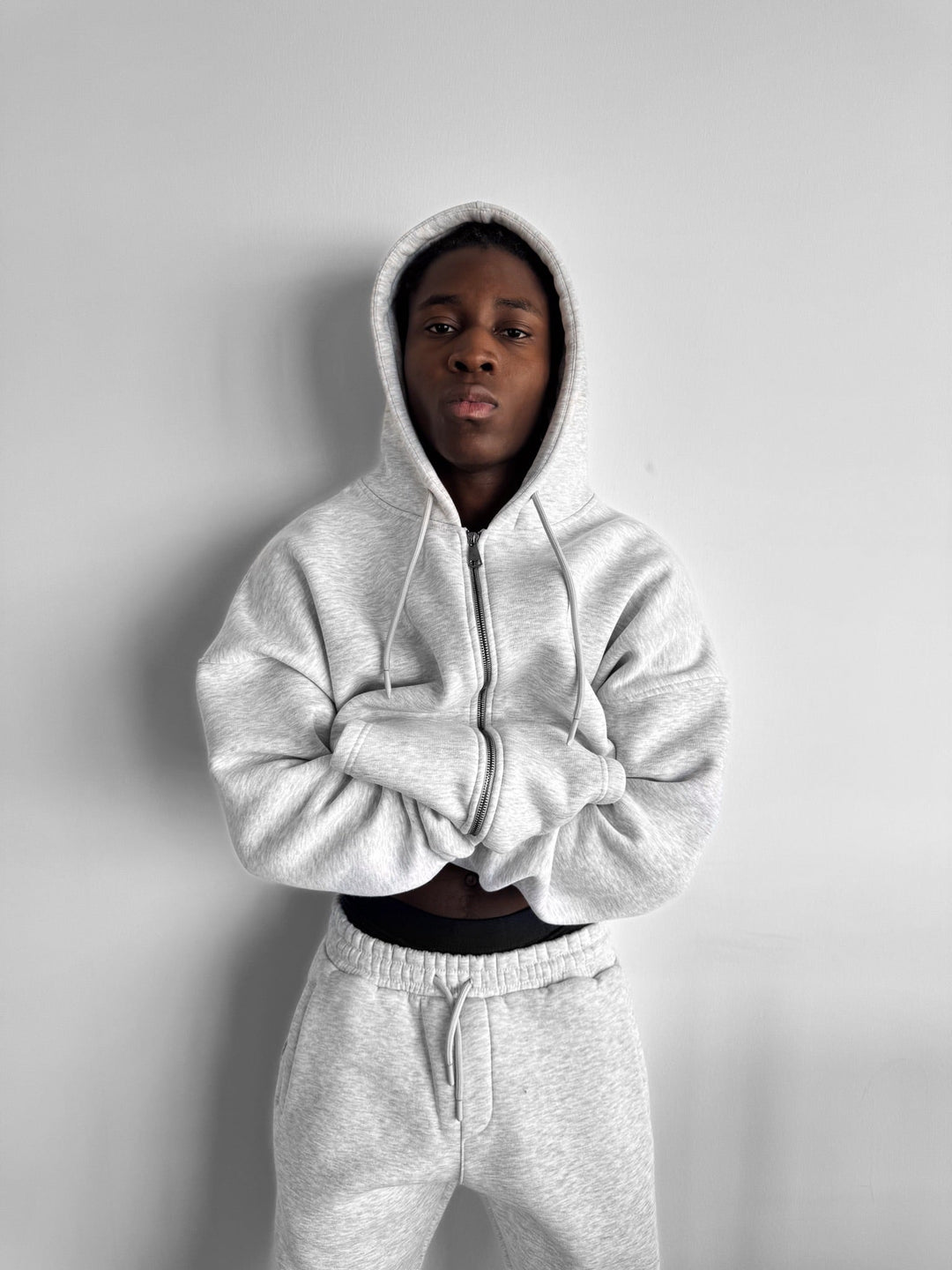 Oversize Basic Zipper Hoodie - Jasnoszary Melanż
