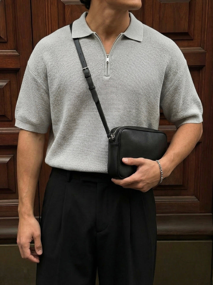 Oversize Zipper Knit Polo T-shirt - Szary