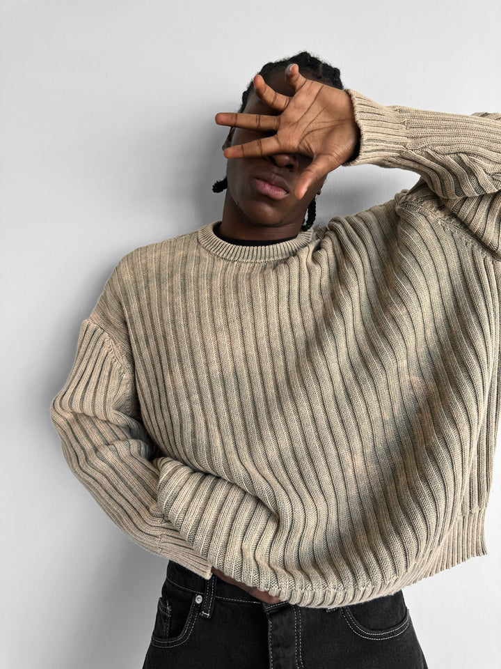 Oversize Ribbed Washed Sweater - Kamień