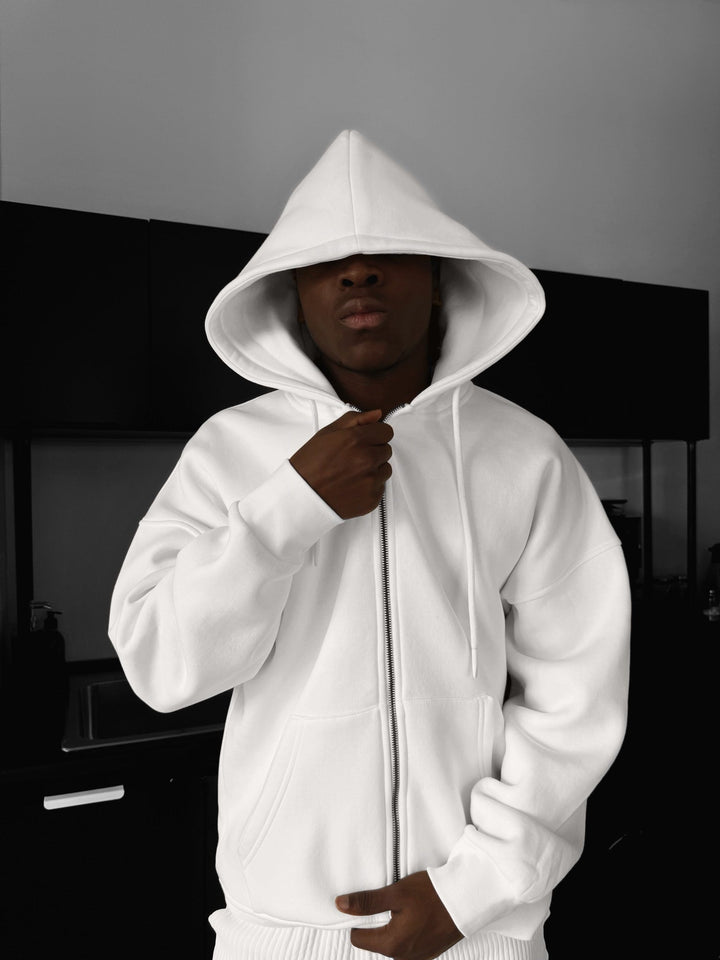 Oversize Basic Zipper Hoodie - Biały