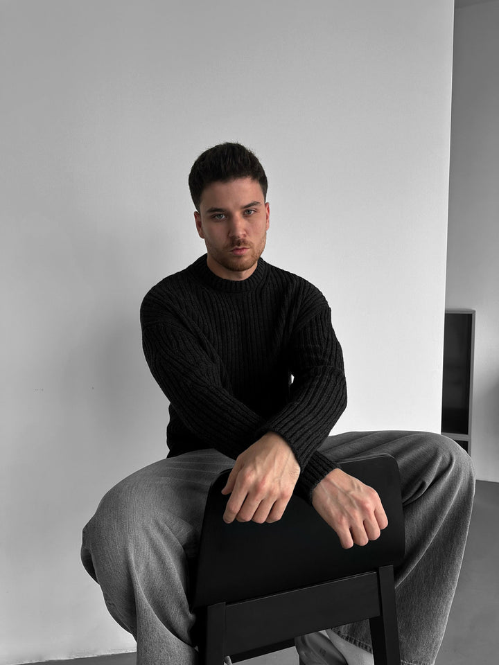 Luźny sweter w paski - Antracyt
