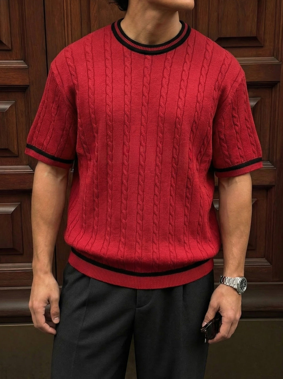 T-shirt Regular Fit z plecionką - Bordeaux