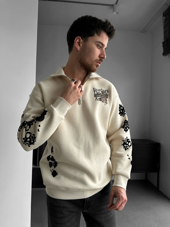 Oversize Half-Zip Graphic Sweatshirt - Beżowy