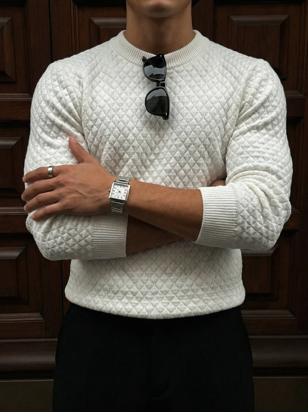 Sweter Slim Fit z Teksturowanym Wzorem - Ecru
