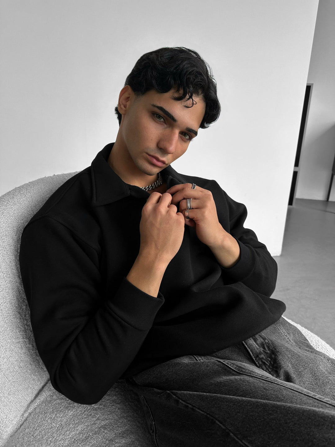 Oversize Basic Polo Sweatshirt - Czarny