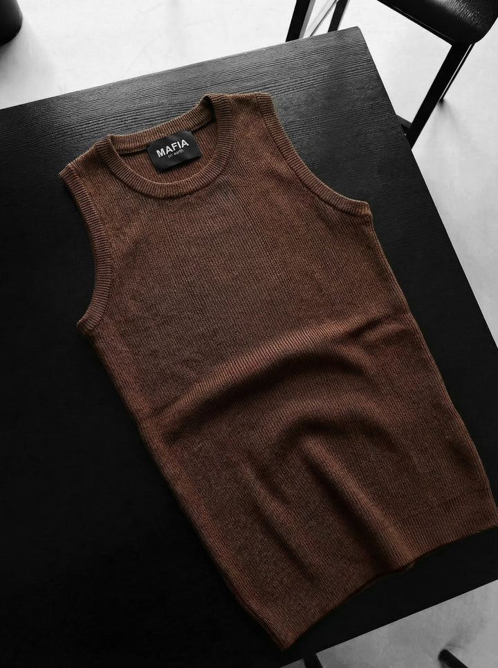 Slim Fit Knit Tanktop - Ciemnobrązowy
