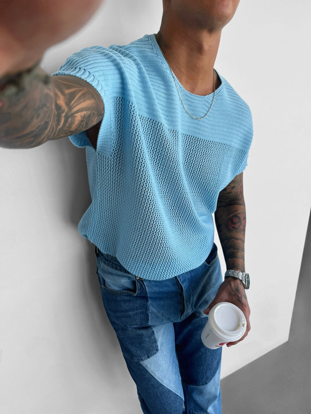 T-shirt Oversize z Teksturowanej Dzianiny - Babyblue