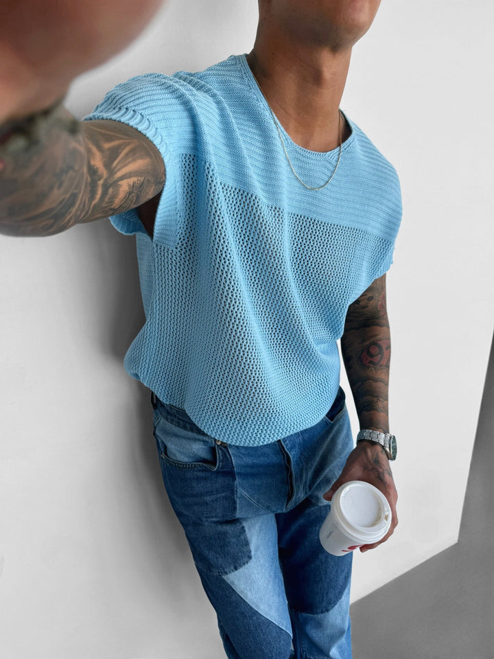 T-shirt Oversize z Teksturowanej Dzianiny - Babyblue