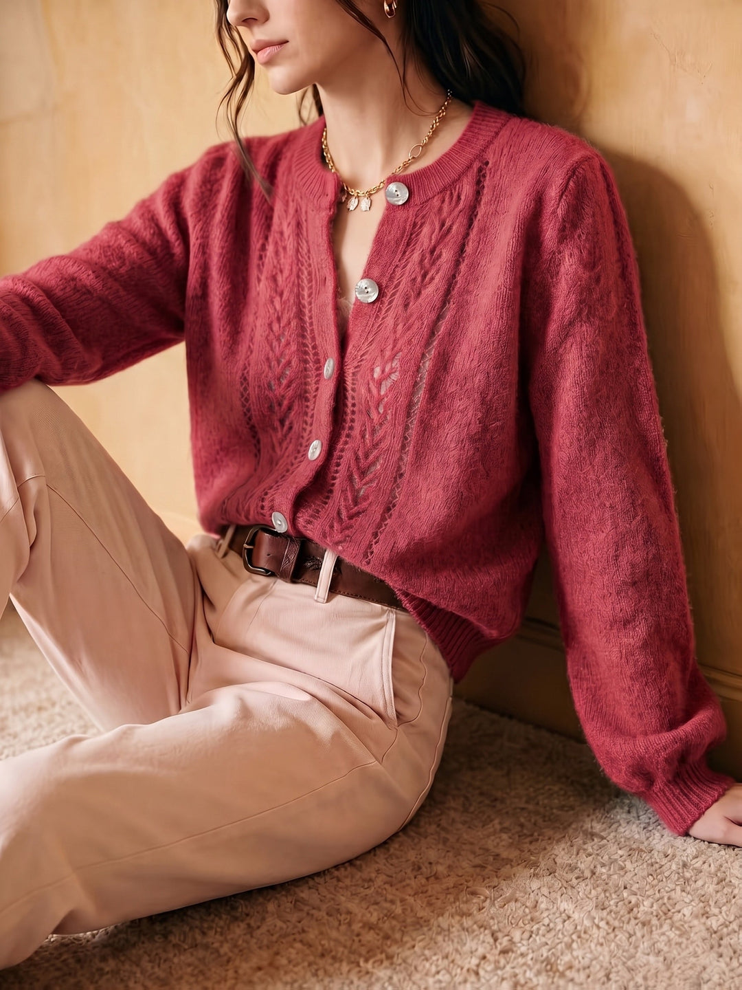 Miękko fakturowany Round-Neck kardigan