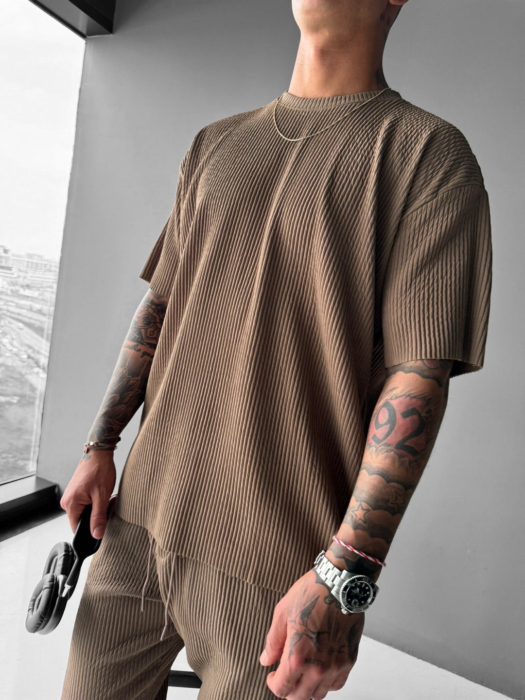 Oversize Ribbed T-Shirt - Brązowy