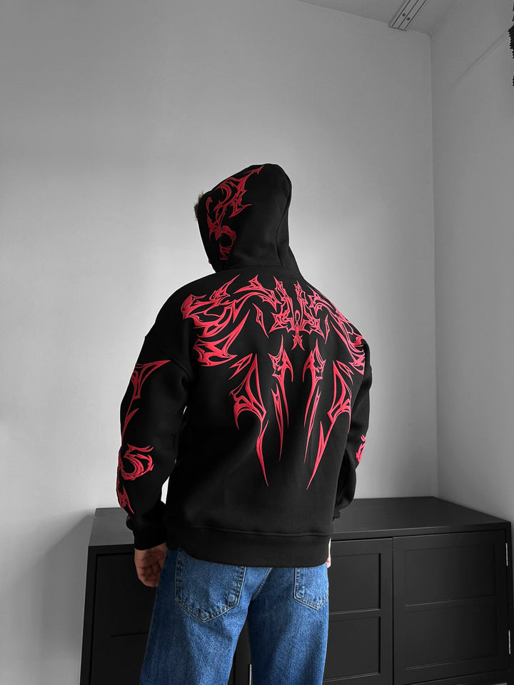 Oversize Mafia Tribal Hoodie - Czarny i Czerwony