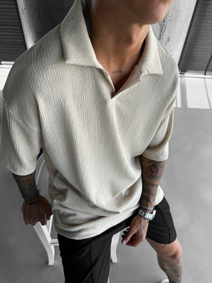 Oversize Crepe Polo T-Shirt - Beżowy