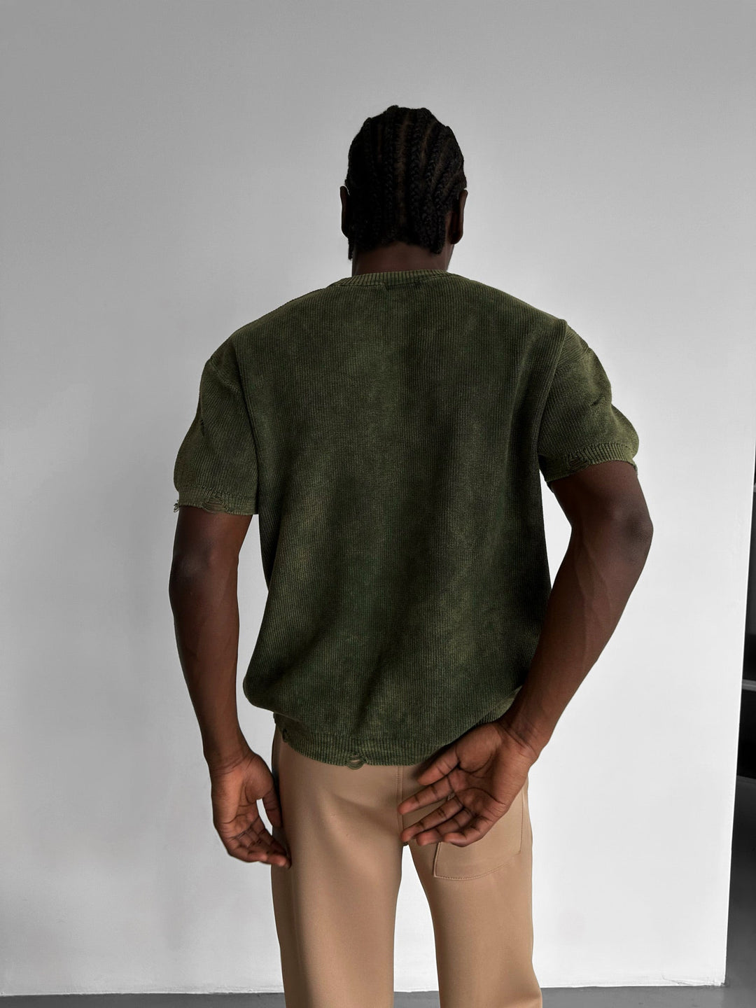 Oversize Knit Torn T-Shirt - Khaki