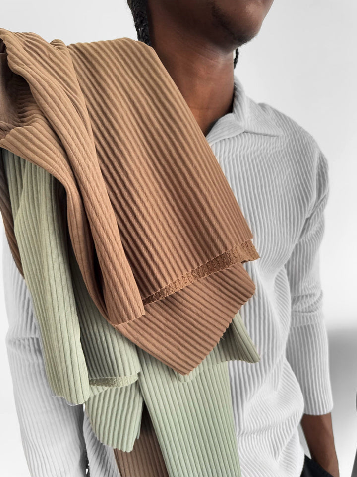 Oversize Ribbed Long Arm Polo T-shirt - Brązowy