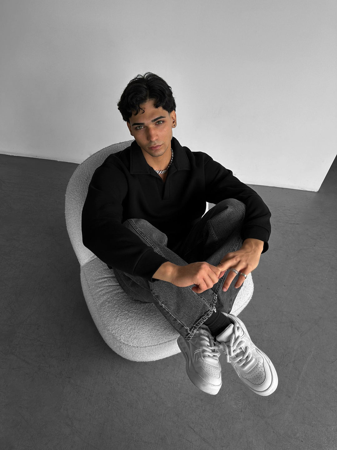 Oversize Basic Polo Sweatshirt - Czarny