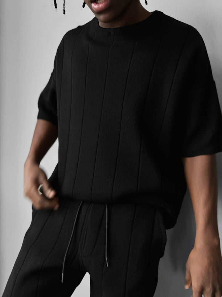 T-shirt Oversize z Dzianiny - Czarny