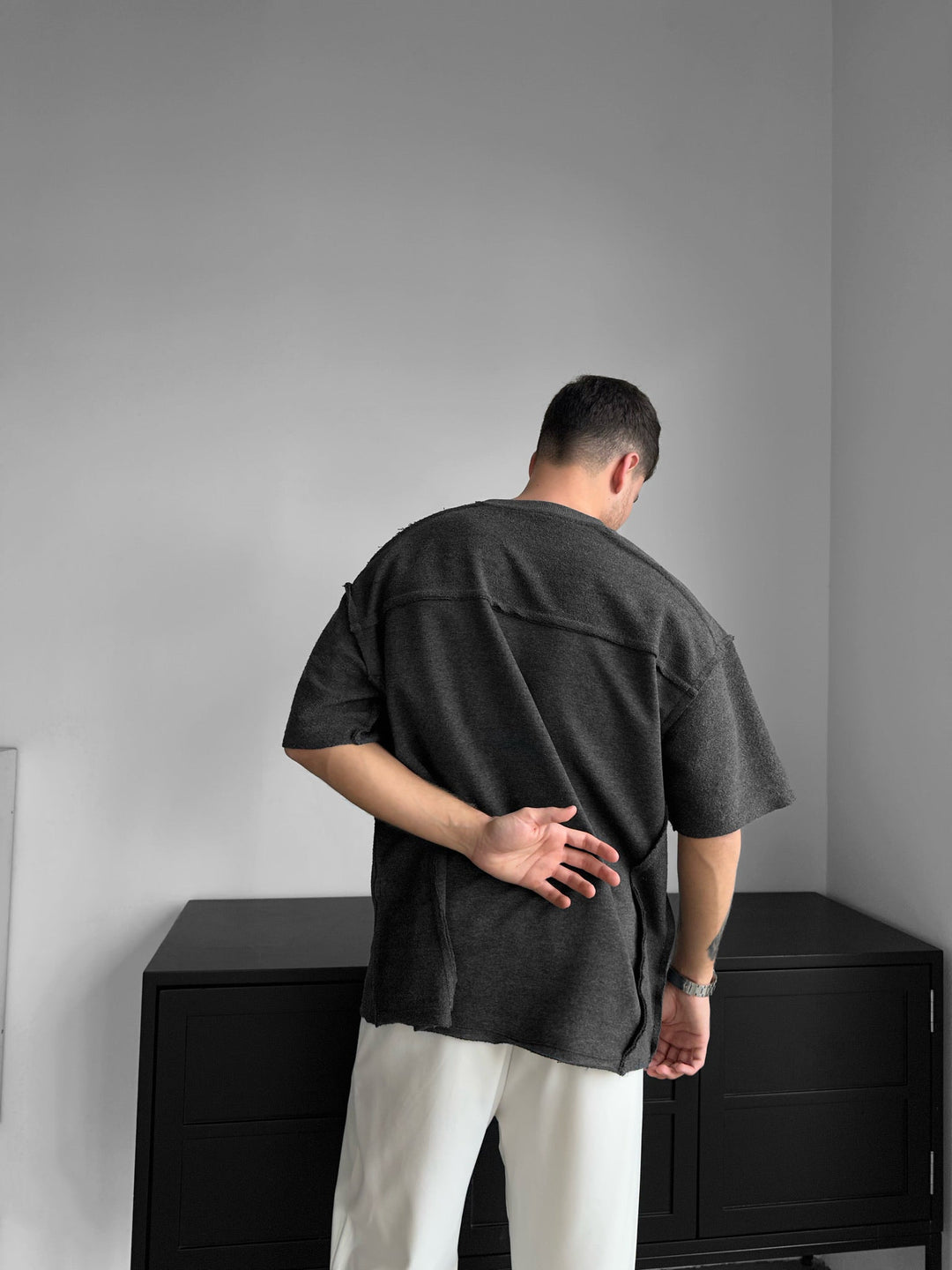 T-shirt Oversize z Detalami Szwów - Antracytowy