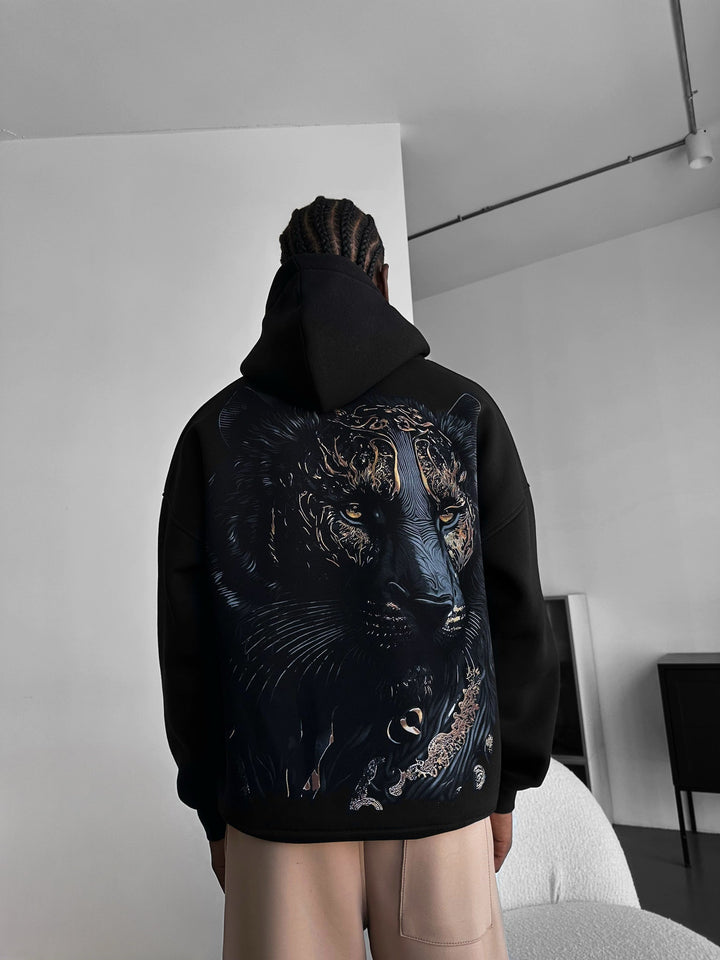 Oversize Szczegółowa Bluza z Kapturem z Lwem - Czarna