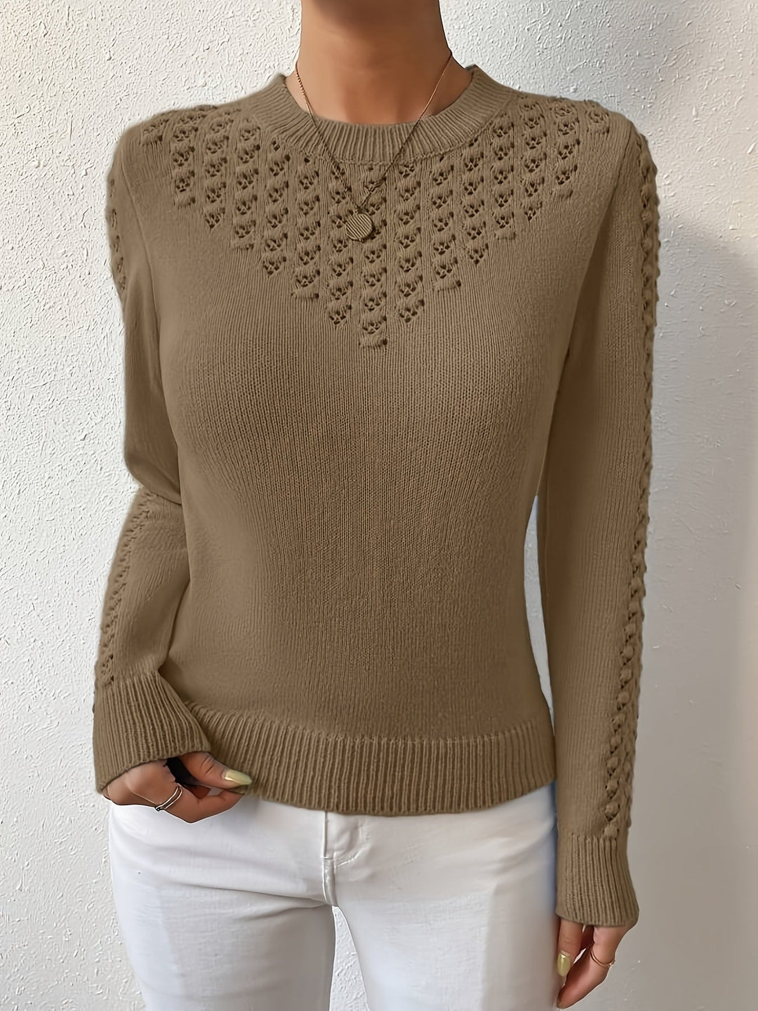 Pointelle-Knit Round szyja sweter