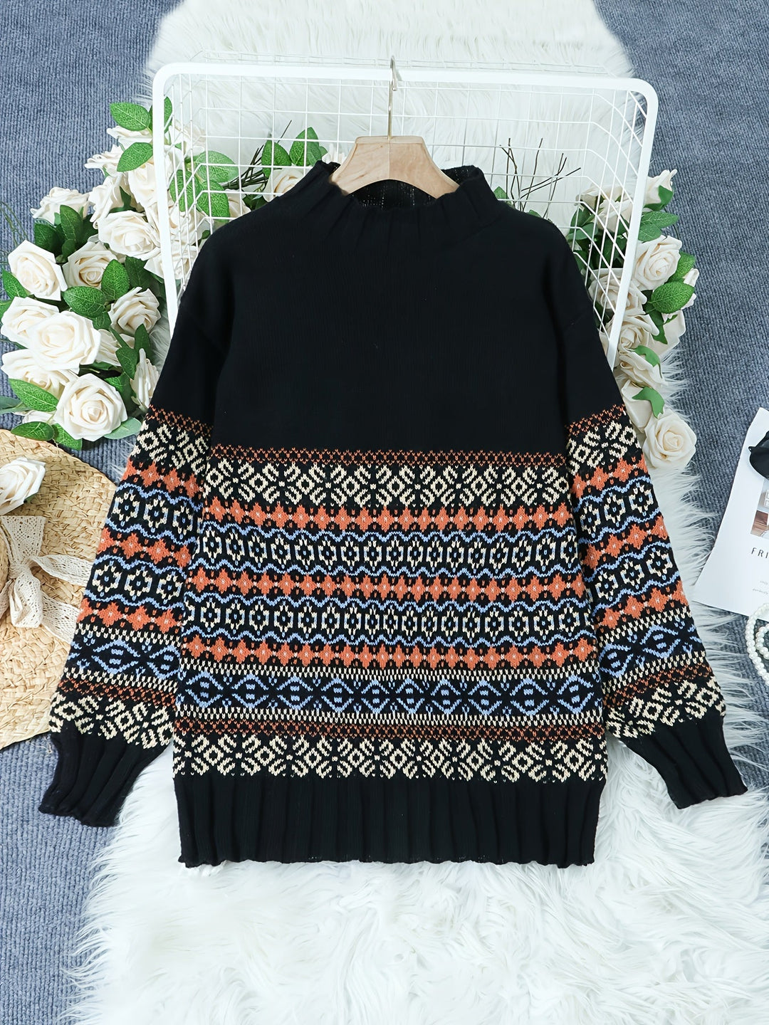 Vintage Jacquard luźny-krój sweter