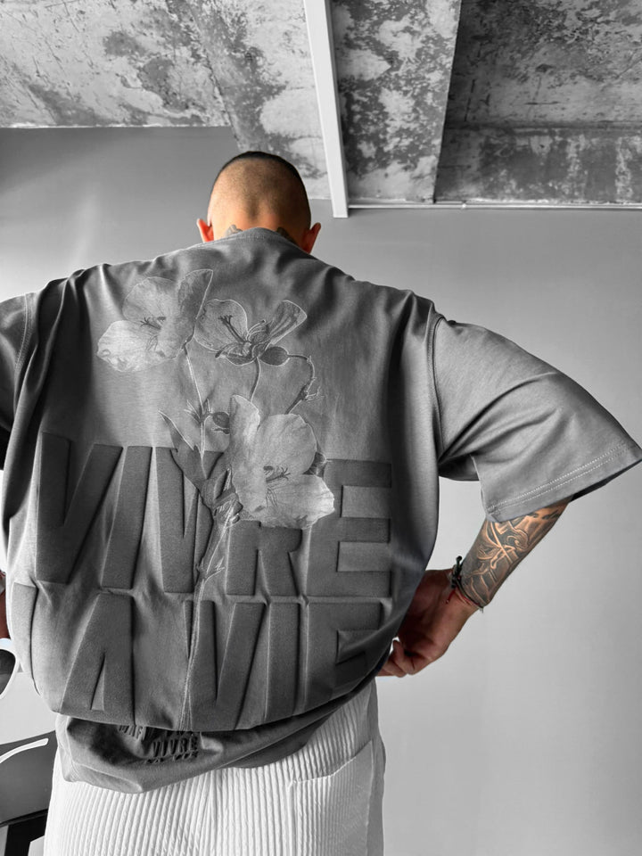 Oversize T-shirt Vivre la Vie - Antracytowy i Czarny