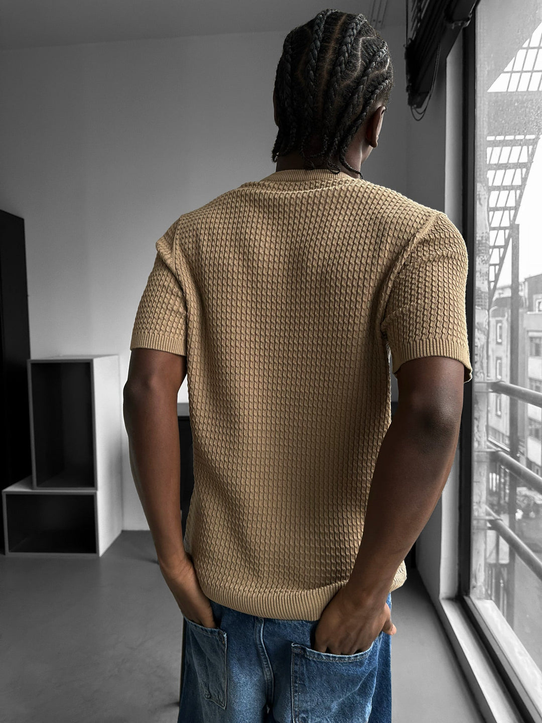 Regular Fit Waffle Button T-shirt - Kamel