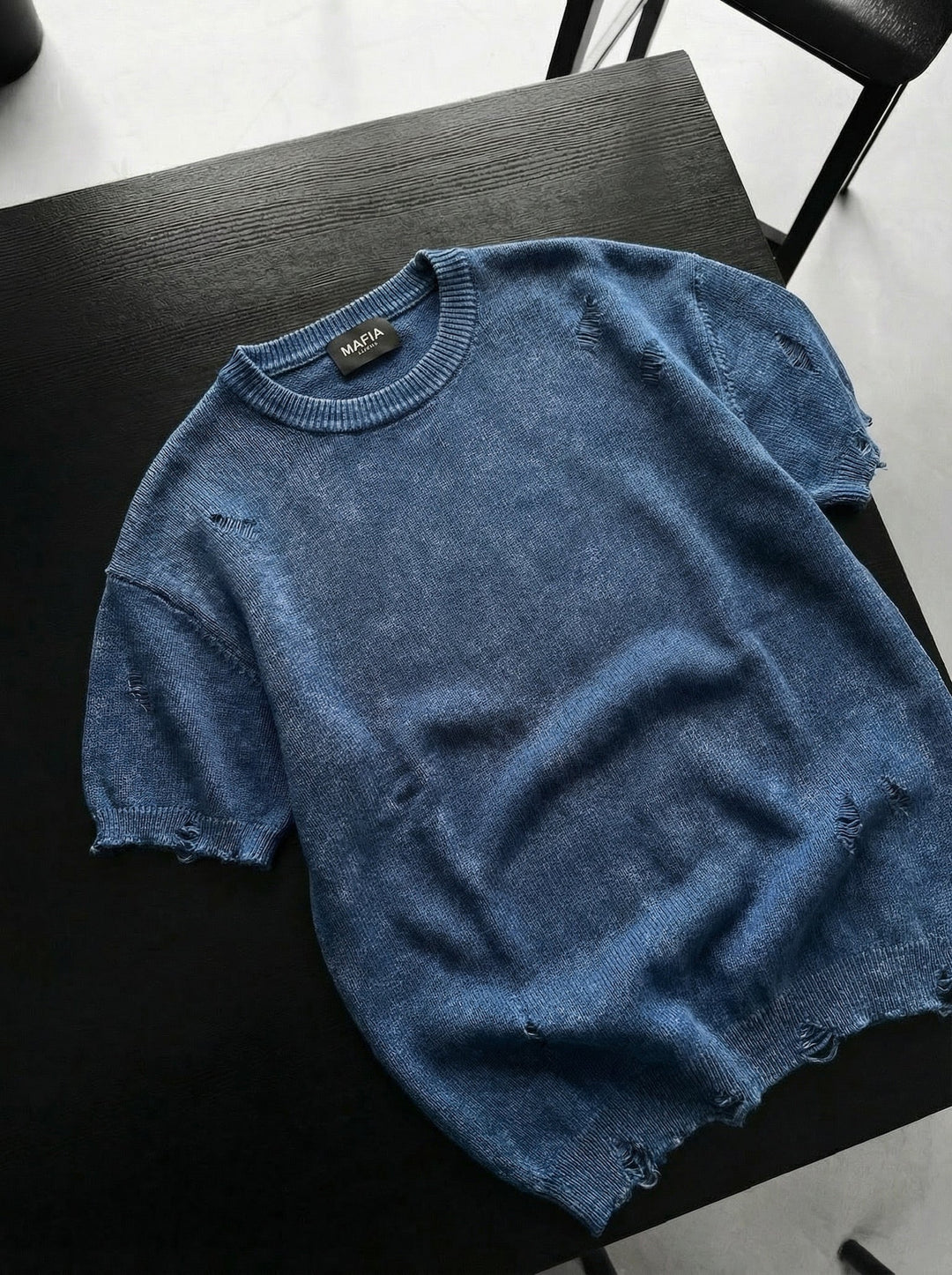 Oversize Knit Torn T-Shirt - Niebieski