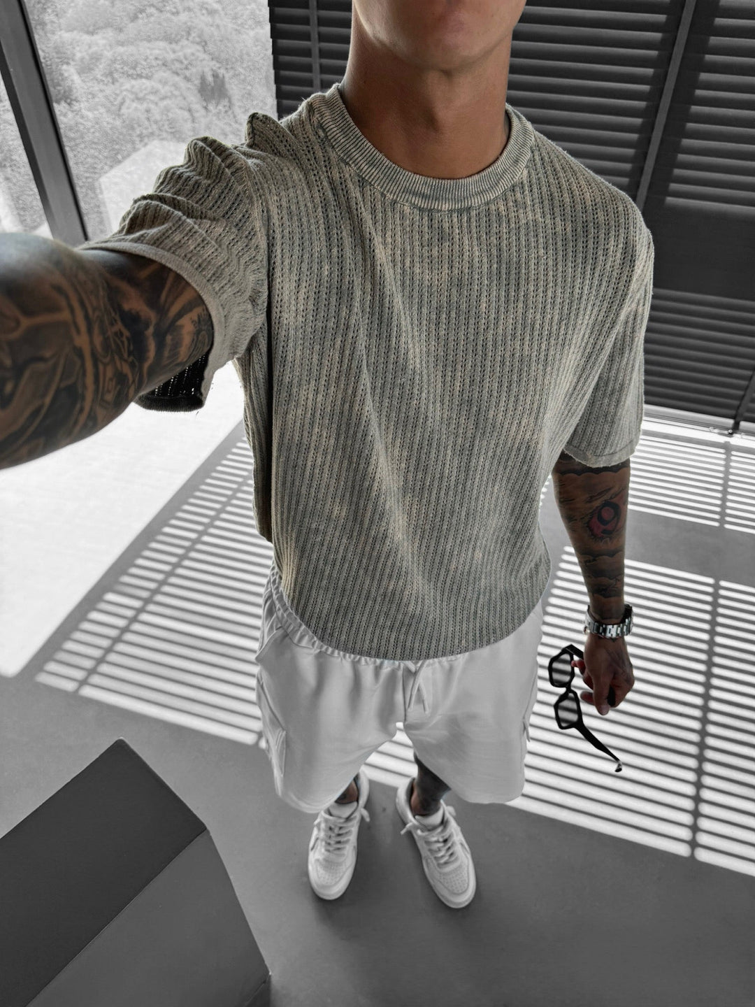 Oversize Knit Washed T-shirt - Kamień
