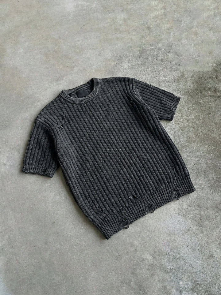 Oversize Torn Washed Knit T-shirt - Czarny