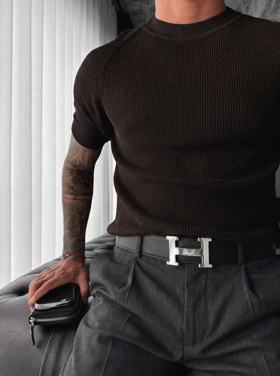 T-shirt Slim Fit - Ciemnobrązowy