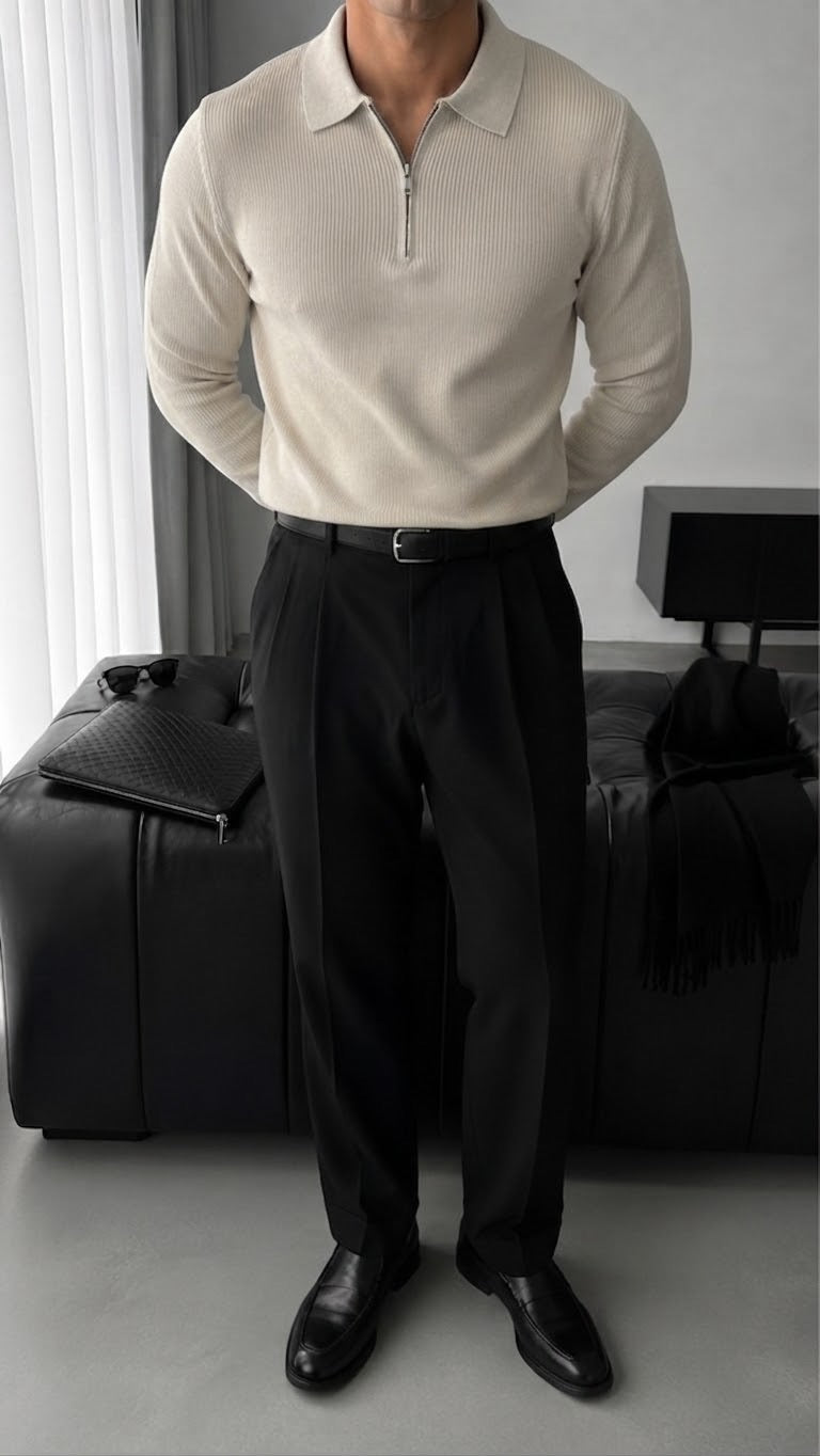 Luźny Sweter Polo - Beżowy