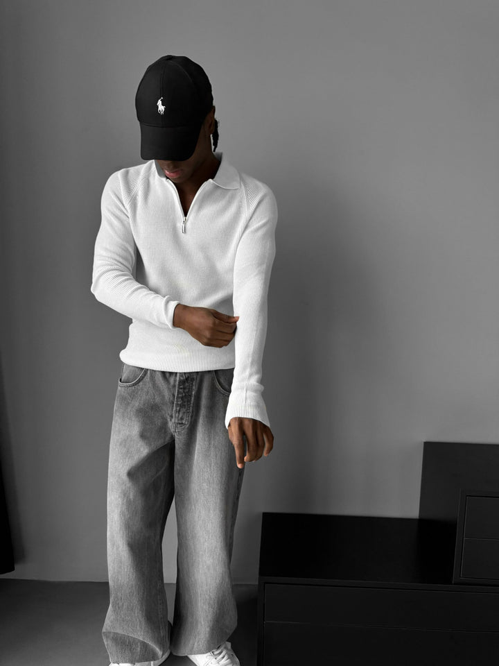 Sweter polo z zamkiem w kolorze ecru - Slim Fit