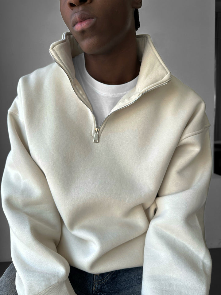 Oversize Polo Sweter z Half-Zip - Beżowy