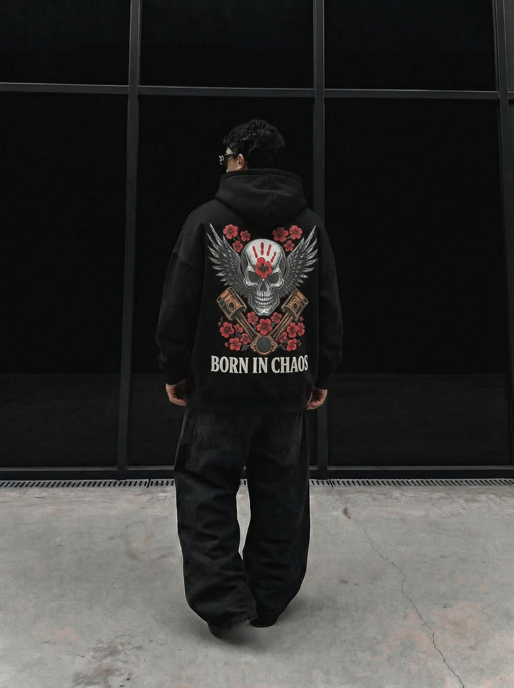 Hoodie Oversize Skeleton Born in Chaos - Czarny