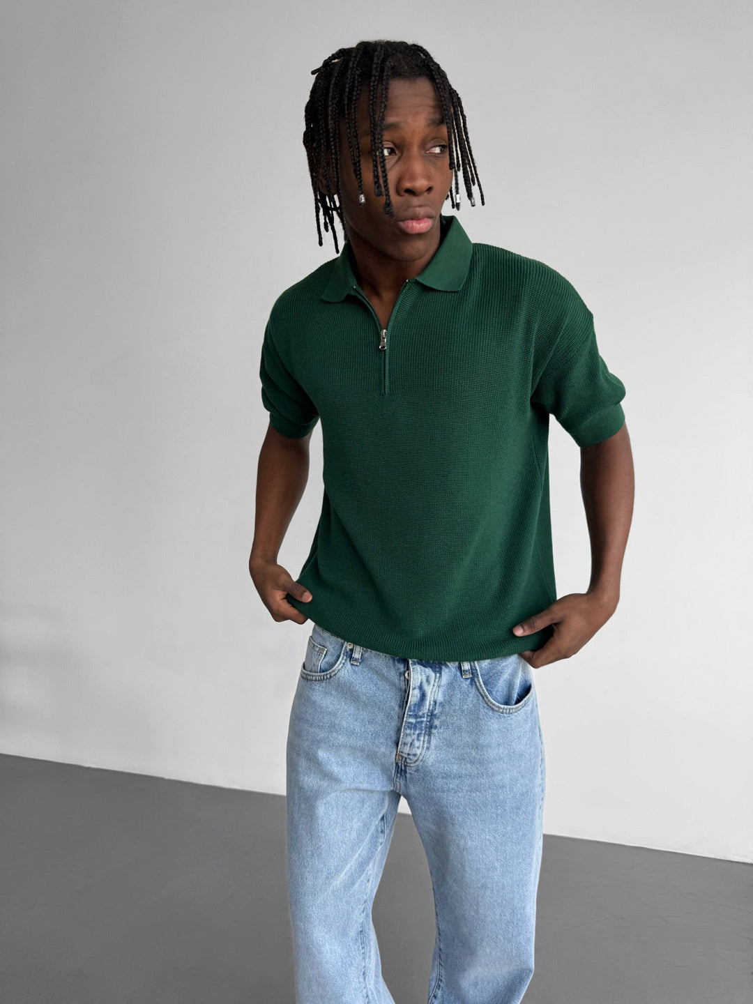 Oversize Zipper Knit Polo T-shirt - Szmaragdowy