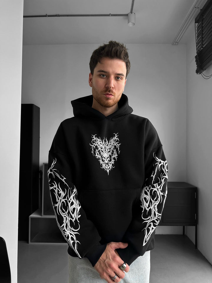 Oversize Tribal Skull Hoodie - Czarny