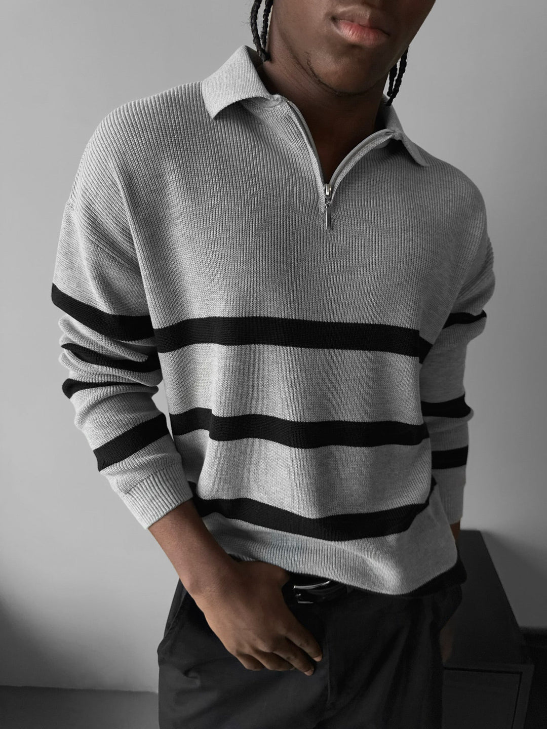Oversize Sweter Polo z Dzianiny - Szary