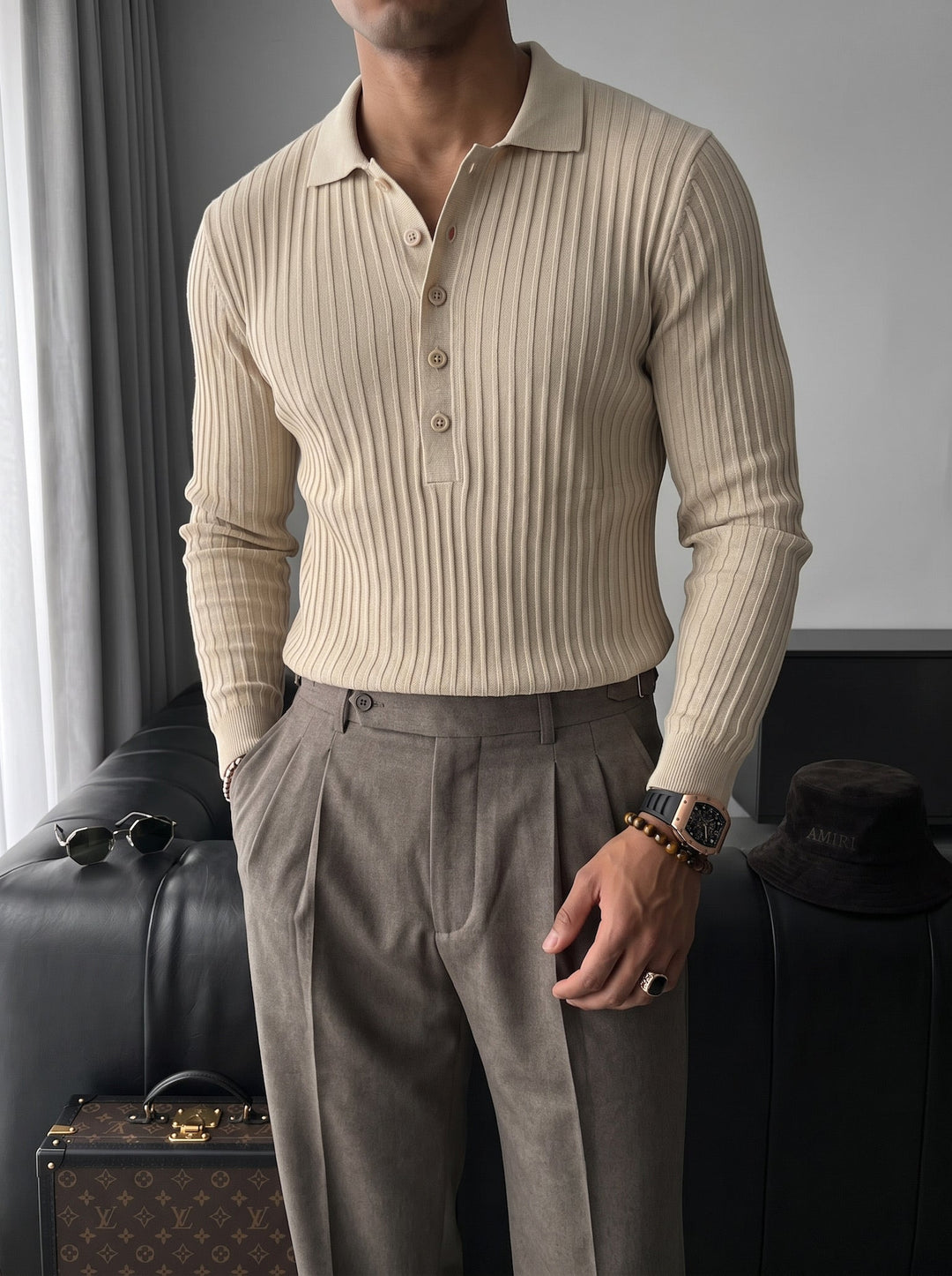 Slim Fit Polo Sweter - Beżowy