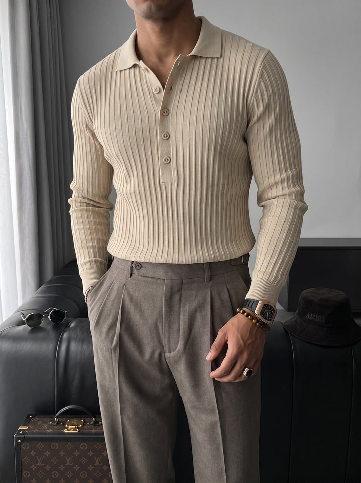 Slim Fit Polo Sweter - Beżowy