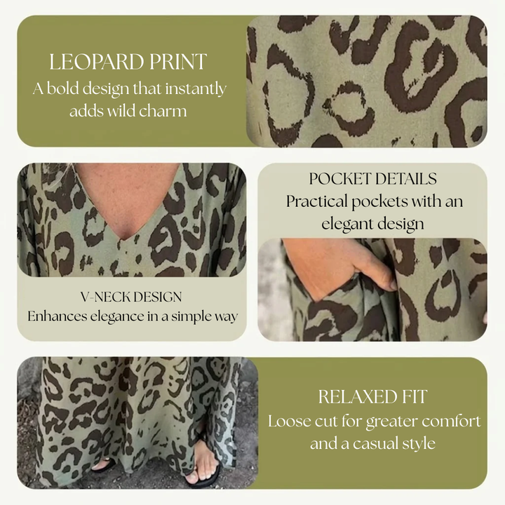 Stylowy długi dekolt V Leopard sukienka