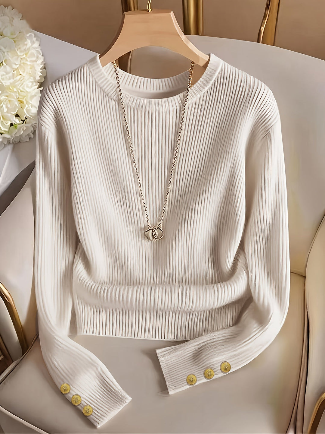 Prążkowany Button-Cuff sweter