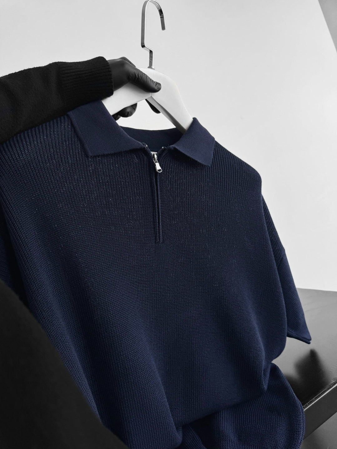 Oversize Zipper Knit Polo T-shirt - Granatowy