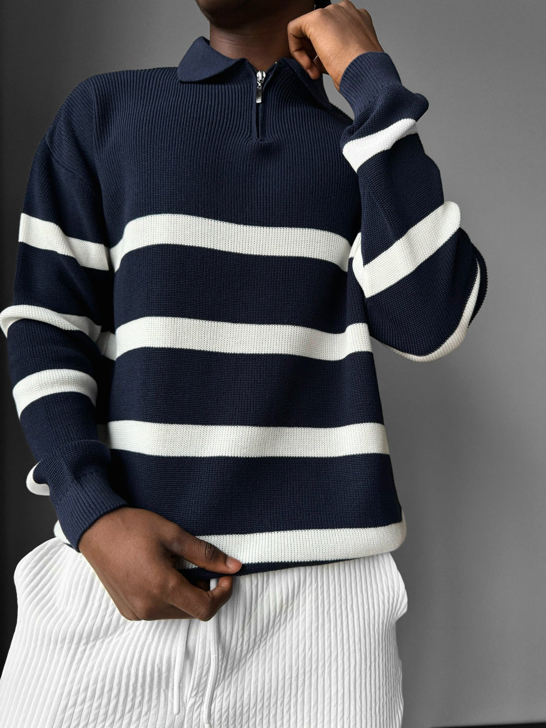 Oversize Sweter Polo z Dzianiny - Granatowy