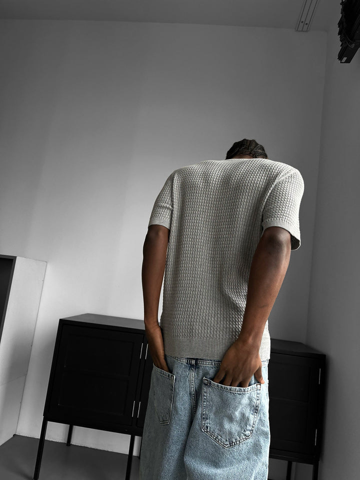 T-shirt Regular Fit Waffle z guzikiem - Szary