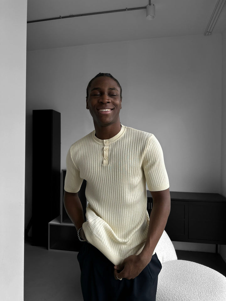 Slim Fit Button Knit T-shirt - Kremowy