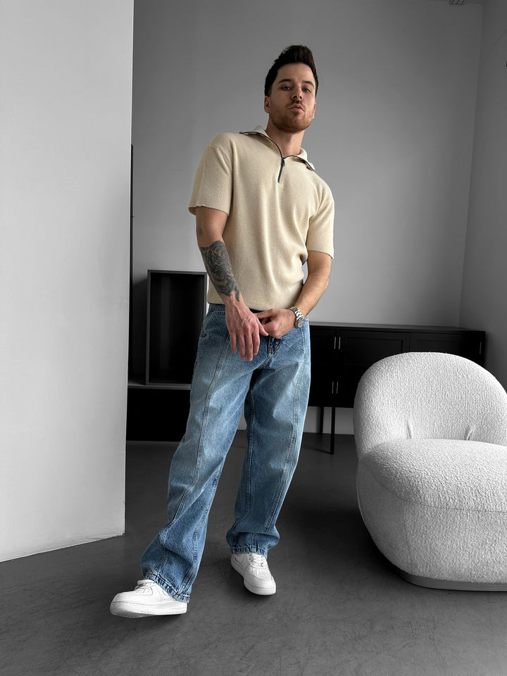 Oversize Zip Neck Knit T-shirt - Beżowy