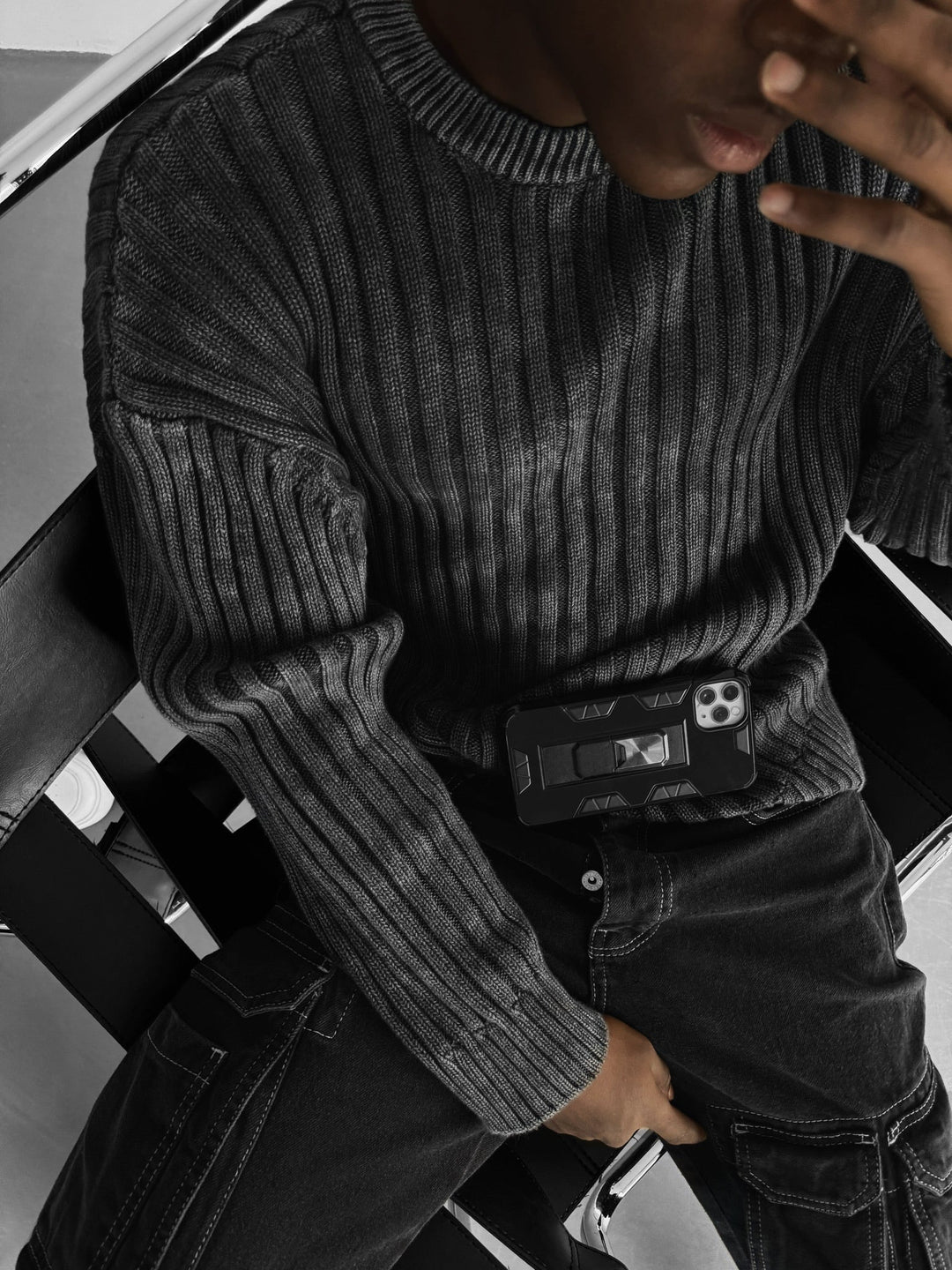 Oversize Ribbed Washed Sweater - Czarny
